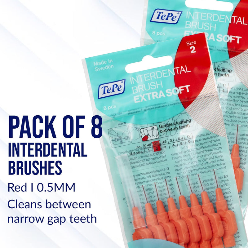 TEPE Extra Soft Interdental Brush Cleaners – Dental Brushes Between Teeth 8 Pk, Red 0.5mm