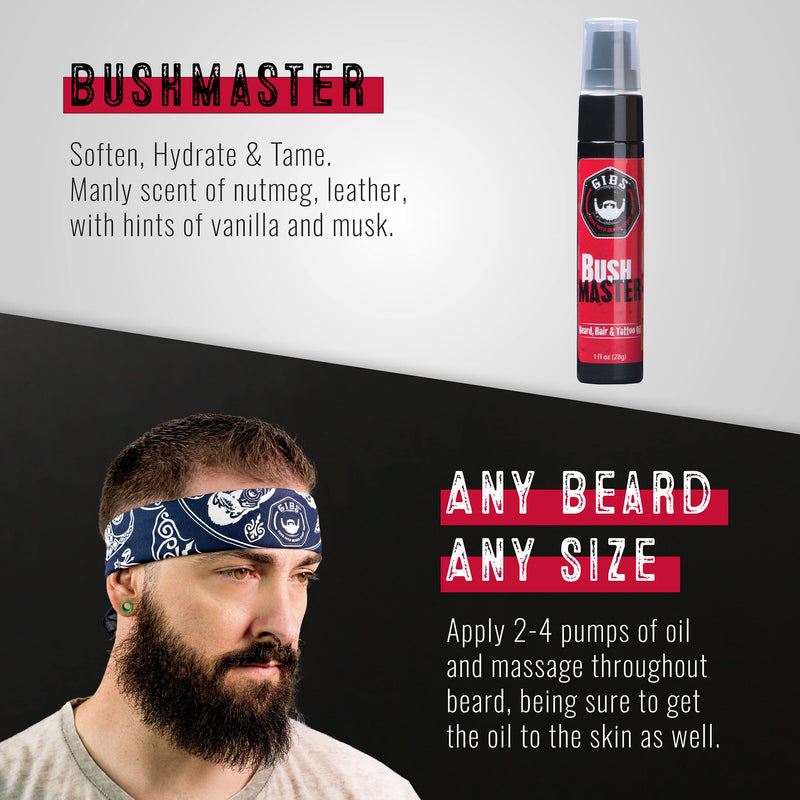 GIBS Grooming Bush Master Beard, Hair & Tattoo Oil- All-Natural with Nutmeg, Leather, Vanilla & Musk Scent- Softens & Strengthens Beard Growth, Moisturizes Skin, 1 Oz. 1 Ounce (Pack of 1) Nutmeg, Leather, Vanilla and Musk