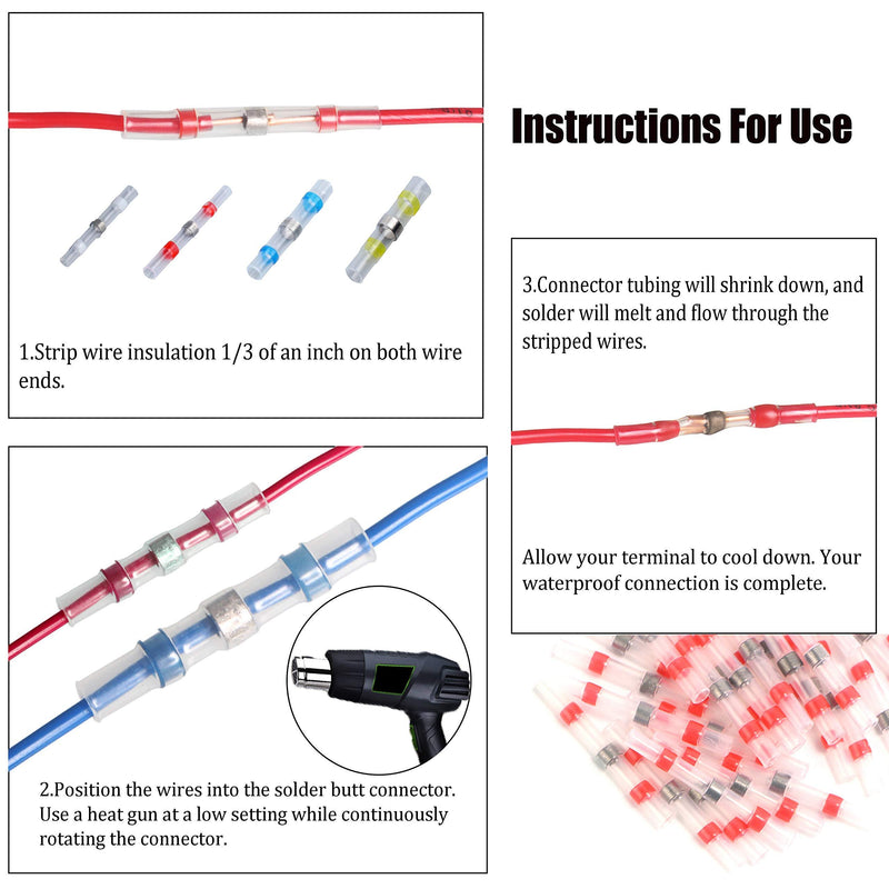 Flytuo 250PCS Solder Seal Wire Connectors, Heat Shrink Solder Butt Connectors, Waterproof Insulated Electrical Butt Splice Wire Terminals for Marine, Aircraft, Boat, Truck, Stereo, Joint