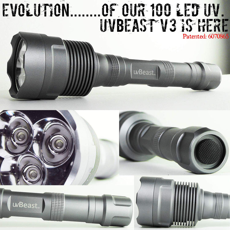 uvBeast NEW V3 385-395nm Black Light UV Flashlight - Rechargeable 18650 with Glasses - HIGH POWER UPGRADED Triple Broad Band LEDs Best for Professional/Commercial Use - USA Stock - UK Design