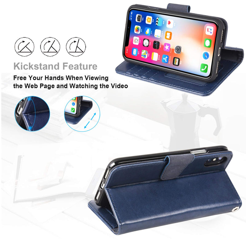 Arae Case for iPhone X/Xs, Premium PU Leather Wallet Case [Wrist Straps] Flip Folio [Kickstand Feature] with ID&Credit Card Pockets for iPhone X (2017) / Xs (2018) 5.8 inch (not for Xr) - Blue