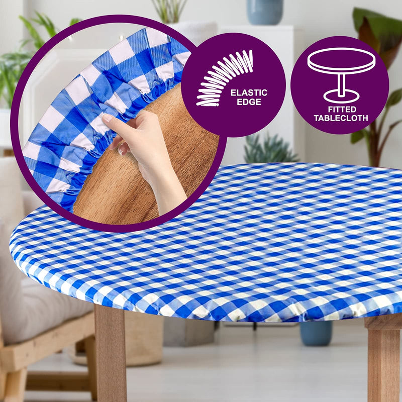 Sorfey Vinyl Round Fitted Tablecloth Cover, Checkered Design, Flannel Backed Lining 30 Inch, Blue 30"
