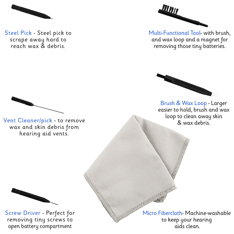 8 Piece Kit Hearing Aid Cleaning Tools and Earphone Earbuds Airpod Cleaner Kit – Includes Vent Cleaner, Steel Pick, Screw Driver, Brush and Wax Loop Microfiber Cloth and Hard Carrying Case