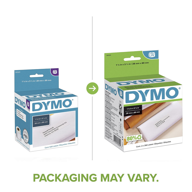 DYMO LW Mailing Address Labels for LabelWriter Label Printers, White, 2-1/8'' x 3-1/2'', 1 roll of 260 (30320) 2 Rolls of 260