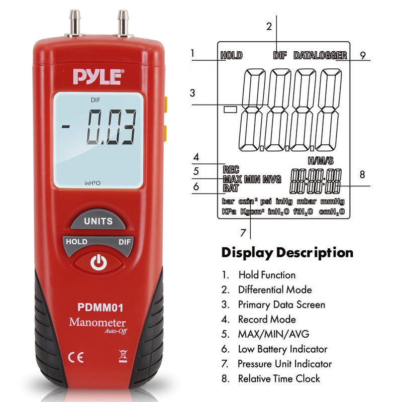 Manometer 11 Unit of Pressure - Meters Digital Measurement Maximum 10 PSI Data Hold & Error Code Measure Gauge Differential Gas Tester - Large LCD Backlit Dual Display w/Auto Power Off - PYLE PDMM01