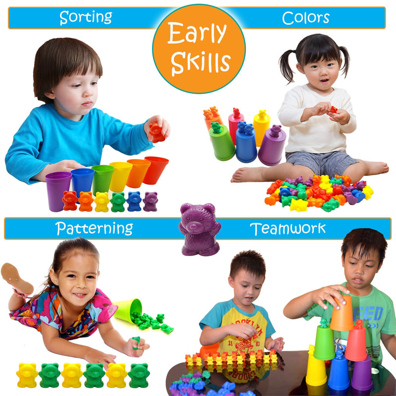 Skoolzy Rainbow Counting Bears with Matching Sorting Cups, Bear Counters and Dice Math Toddler Games 71pc Set - Bonus Scoop Tongs, Storage Bags