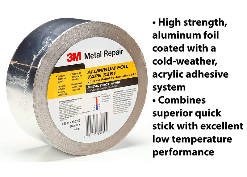 3M Aluminum Foil Tape 3381, 1.88 in x 50 yd, 2.7 mil, Silver, HVAC, Sealing and Patching, Moisture Barrier, Cold Weather, Air Ducts, Foam Sheathing Boards, Insulation, Metal Repair