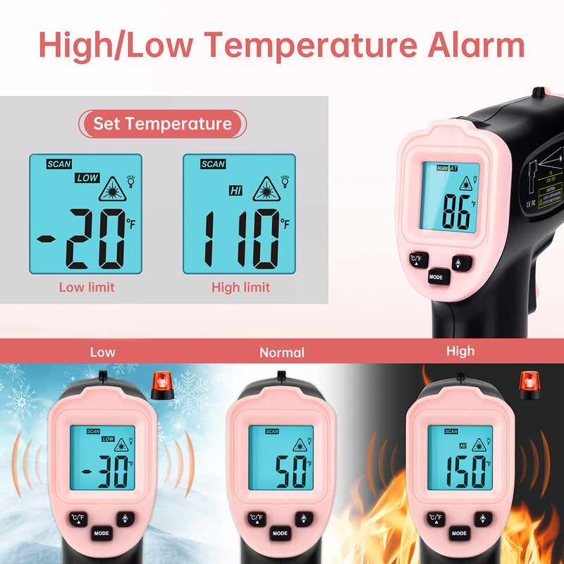 ERICKHILL Infrared Thermometer, -50°C~400°C (-58°F~752°F) Temperature Gun Non-Contact Digital Laser Thermometer with Adjustable Emissivity and Temp Alarm for Cooking Rook Repairs, Pink Pink, -50°C~400°C (-58°F~752°F)