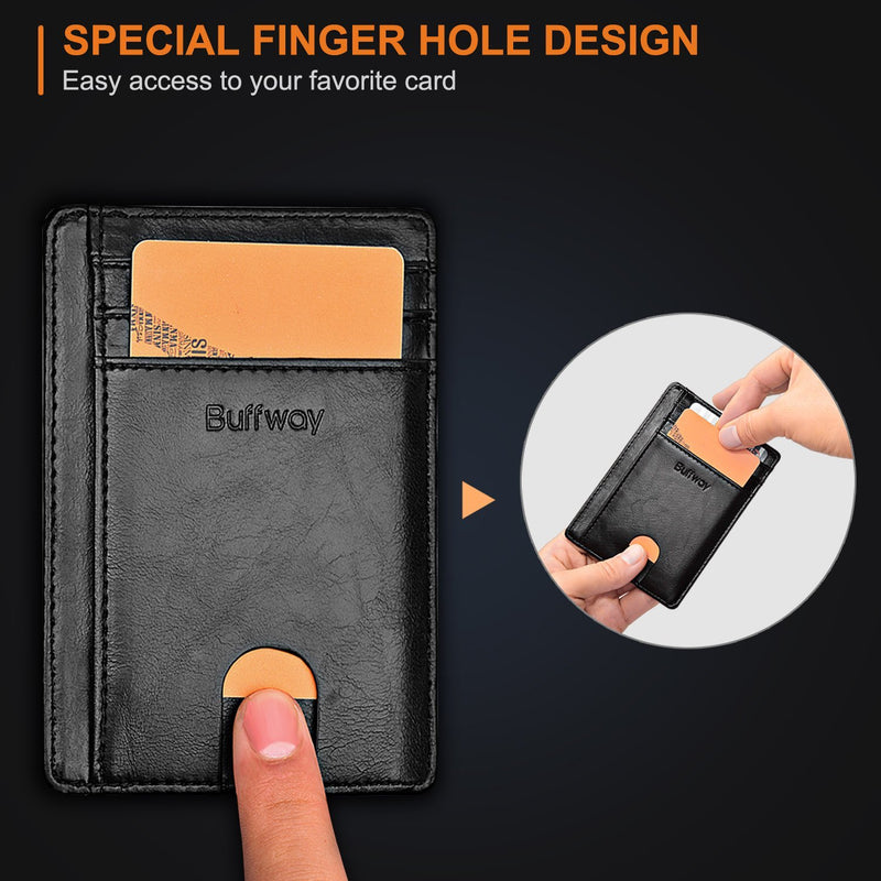 Buffway Slim Minimalist Front Pocket RFID Blocking Leather Wallets for Men Women Alaska Black