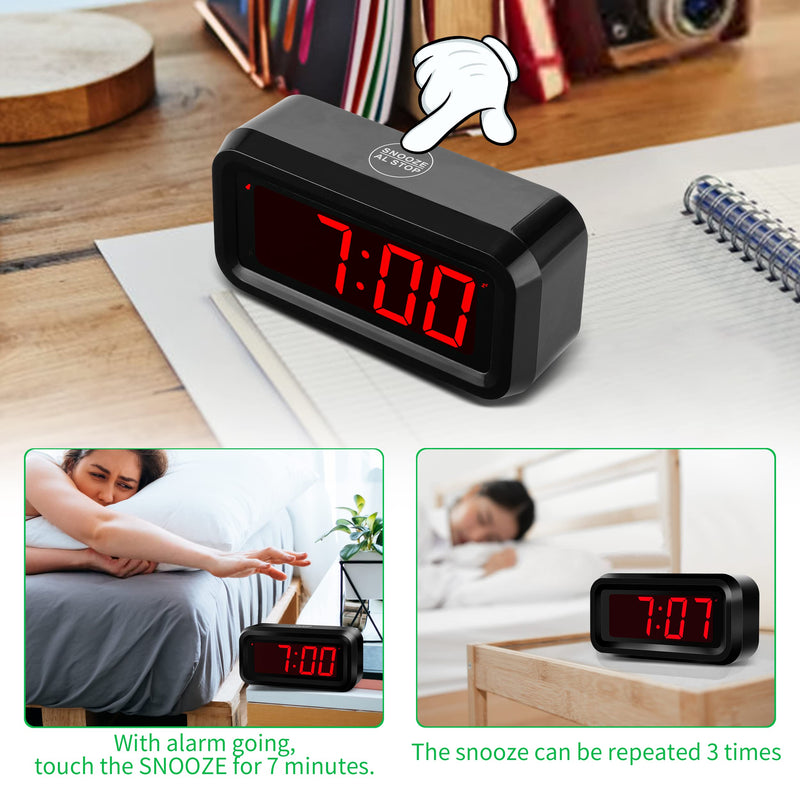 KWANWA Alarm Wall Small Clock, Battery Operated, Adjustable 3-Level Led Brightness, Dim Night Model, 12/24Hr, Cordless, Constantly 1.2'' Red Digits Display for Bedroom/Travel Black Case-red Led