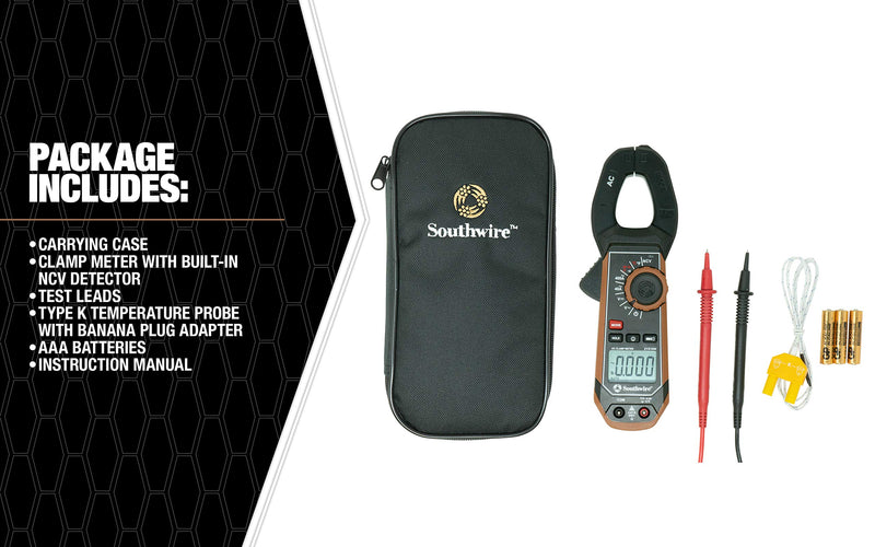Southwire 21510N clamp meter, third-hand test probe holder, 400A AC current range, CAT III 600V safety rating, built-in non-contact voltage detector, 5 year warranty, Black Brown