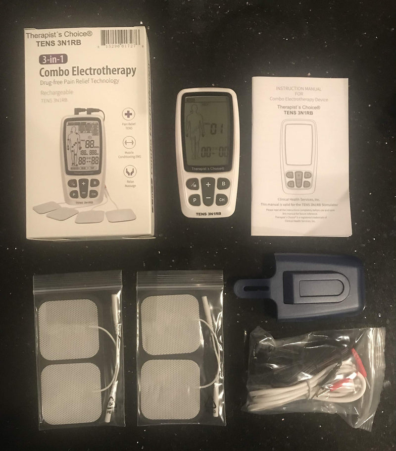 Therapist’s Choice® Rechargeable TENS3N1RB Combo TENS, EMS, Massage with Body Image Diagram Electrode Placement, with Belt Clip and Display Box.