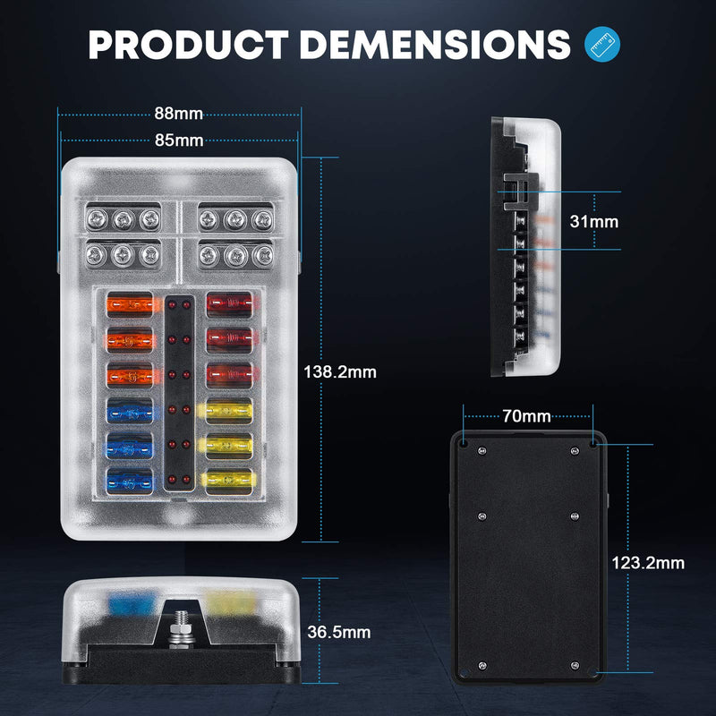 Kohree 12-Way 12V Blade Fuse Block, 12 Volt Automotive Fuse Box Holder Waterproof with Negative Bus 5A 10A 15A 20A Fuse Panel LED Indicator for Auto, RV, Car, Boat, Marine, Truck