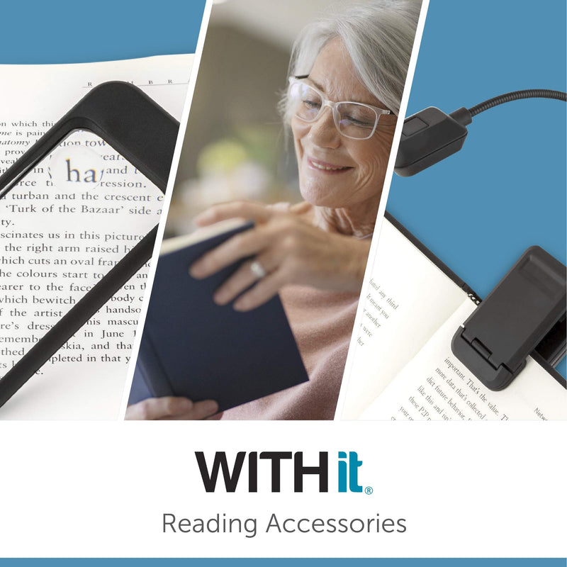 WITHit Task Magnifier Black Rimless, 3.5” D – Desktop LED Magnifying Glass for Reading, 2.5X Magnifier with 5X Bubble, Soft Touch Handle, AAA Batteries Included