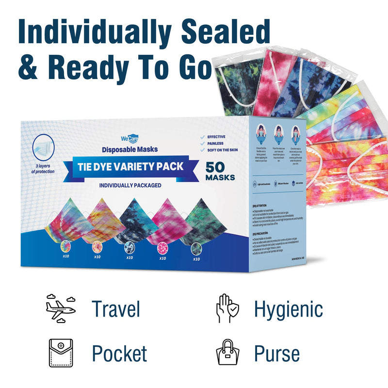 WeCare Disposable Face Mask Individually Wrapped - 50 Pack, Printed Masks - 3 Ply Assorted Tie Dye