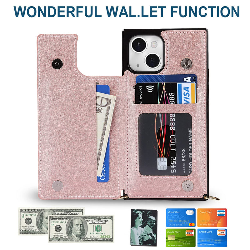 DEFBSC Compatible with iPhone 14 Case, Crossbody Wallet Case, Adjustable Detachable Lanyard Neck Strap with Kickstand Leather Card Holder Protective Cover for iPhone 14 6.1"-Rose Gold Rose Gold
