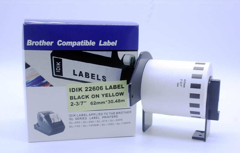 IDIK 22606 Compatible for DK2606 DK-22206 Black on Yellow Film Label Roll with Permanent Cartridge 2.4in x 50ft (62mm x 15.5m/roll)