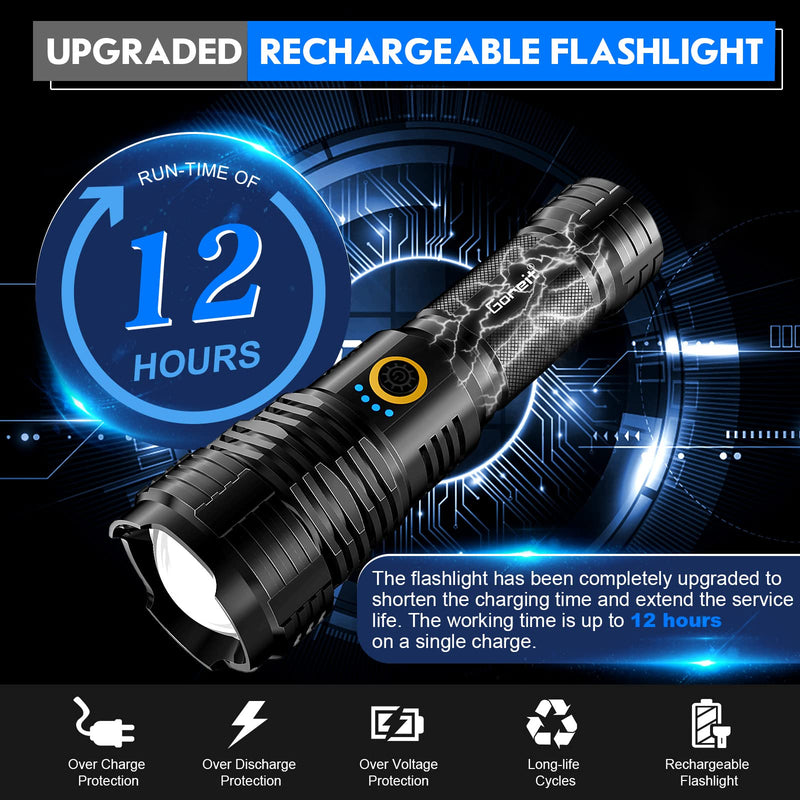 Flashlights LED High Lumens Rechargeable, Goreit 20000 Lumens XHP70.2 Super Bright Flashlight, High Powered Flash Light, Powerful Handheld Tactical Flashlights for Emergency Camping Hiking Gift Black