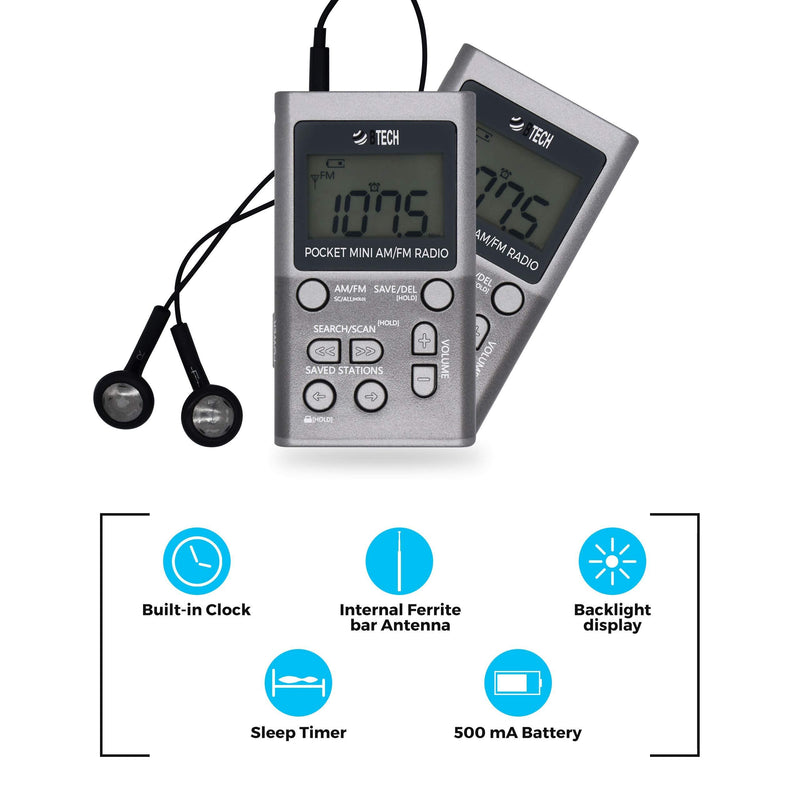 BTECH MPR-AF1 AM FM Personal Radio with Two Types of Stereo Headphones, Clock, Great Reception and Long Battery Life, Mini Pocket Walkman Radio with Headphones (Silver) MPR-AF1 Radio Silver