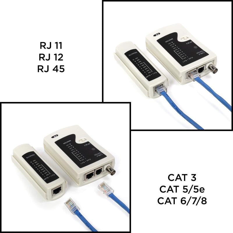Universal Network Cable Tester Tool, BNC, RJ45, RJ11 (3-in-1) Multi-Tester White