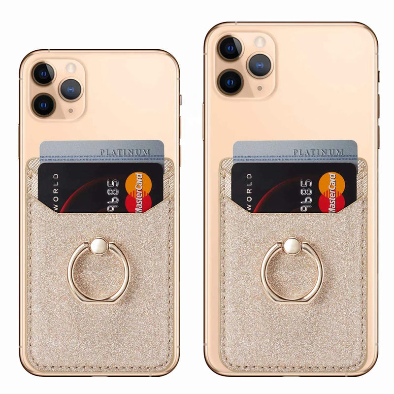 Phone Card Holder RFID Credit Wallet with Kickstand Ring for Women, DMaos 2 Pieces Glitter Sands Wallet Stick-On Back Grip for iPhone Samsung Android and Smartphones - Pink + Gold