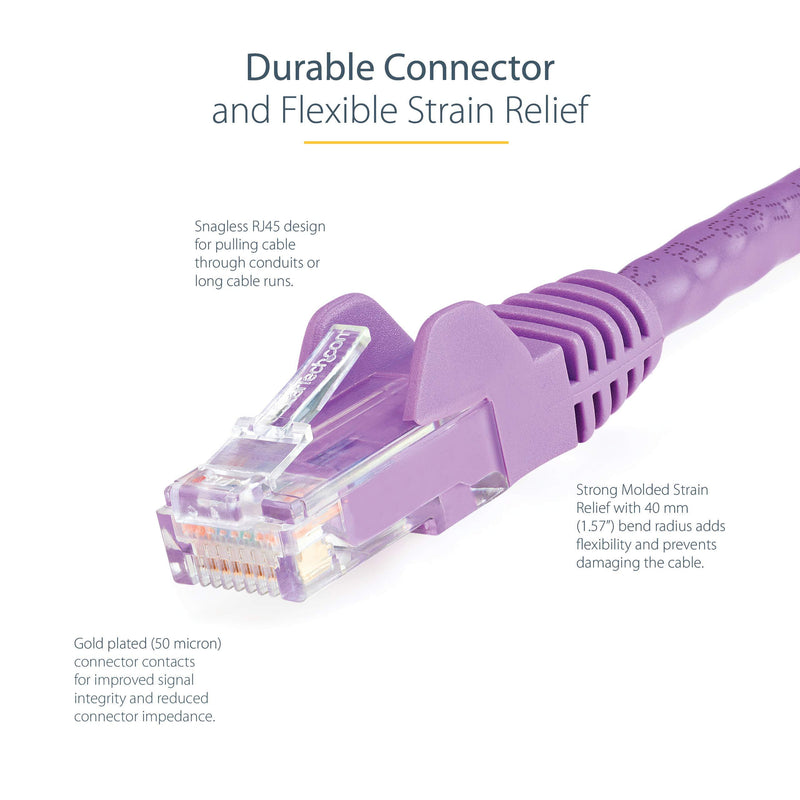 StarTech.com 15ft CAT6 Ethernet Cable - Purple CAT 6 Gigabit Ethernet Wire -650MHz 100W PoE RJ45 UTP Network/Patch Cord Snagless w/Strain Relief Fluke Tested/Wiring is UL Certified/TIA (N6PATCH15PL) 15 ft / 4.5m