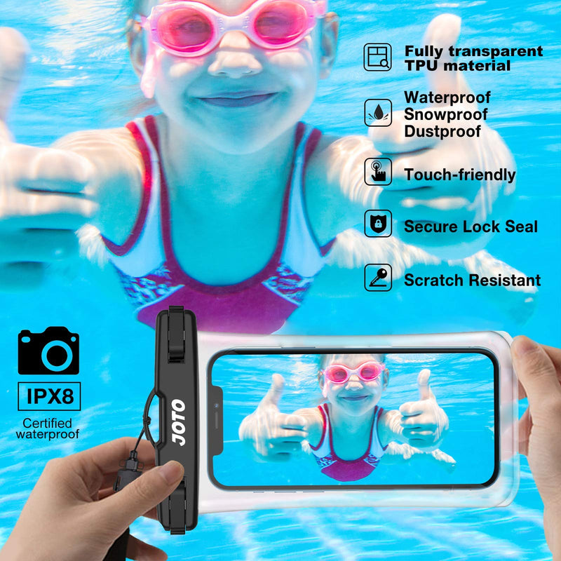 JOTO Waterproof Phone Pouch up to 7.0", Transparent Universal Cellphone Dry Bag Underwater Case for iPhone 13 Pro Max 12 11 XS XR 8 7 Plus, Galaxy S21 Ultra/A42/S10 Note10,Moto,Pixel -2 Pack, Black
