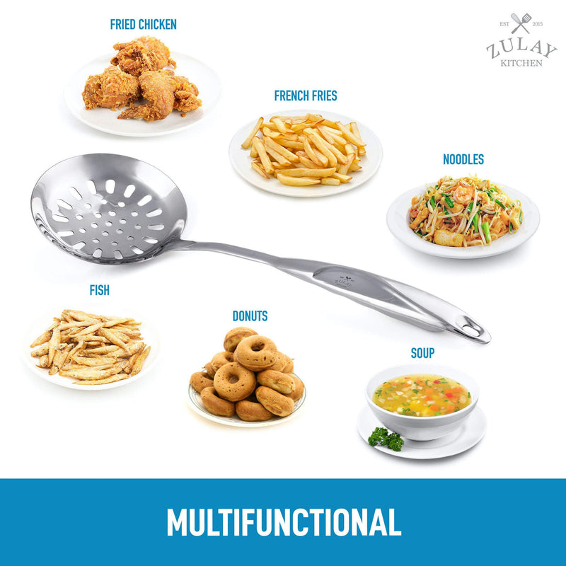 Zulay Kitchen Skimmer Spoon - Stainless Steel Slotted Spoon With Extra Large Bowl, Built-In Hang Hole & Comfortable Grip Handle - Durable Food Grade Strainer Spoon For Draining & Frying (14.5 inch)