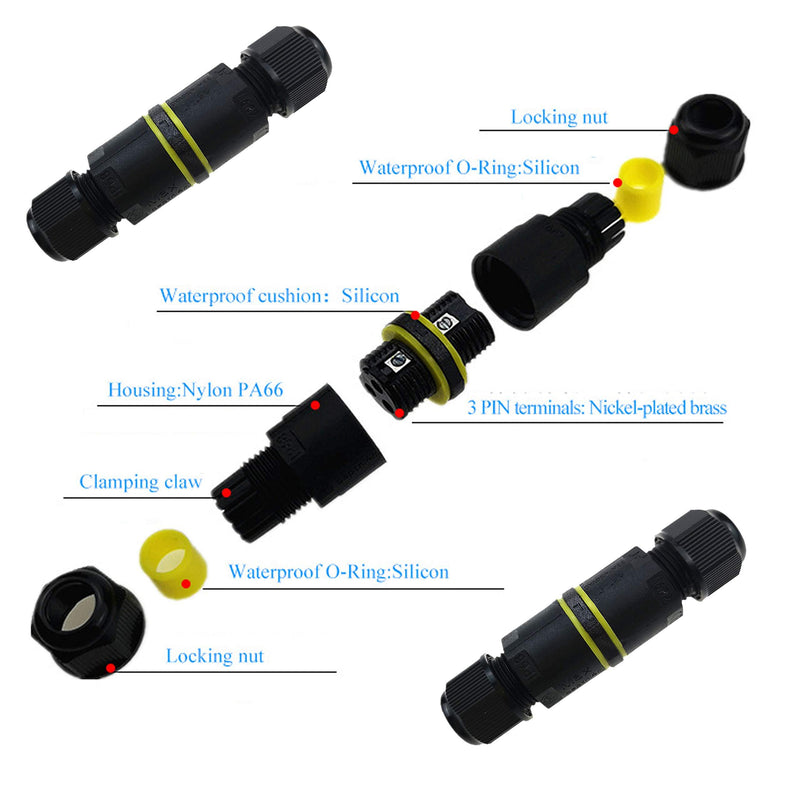 ATB FUTURE Waterproof IP68 Power Cable Junction Box Connector,Outdoor Junction Box,Ideal for 2 or 3 Pin Cables Ã˜4-8mm,Use for Outdoor Billboards,Tunnel Lights,Road Landscape Lights, Etc (4PACK,Black) M16 2 Way 3 Pole Ideal For Cable Diameter 4-8mm