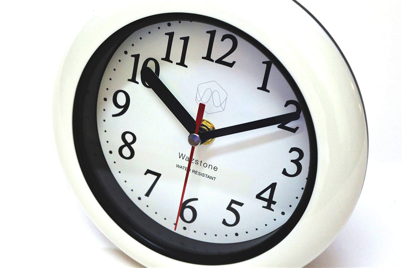 Perfect White Shell Water Resistant Clock, Quartz Movement, Simple Design, 6.5" in Diameter, ABS Glass Front, Flexible Options to Hang or to Stand. Withstand Water Vapor and Moisture.