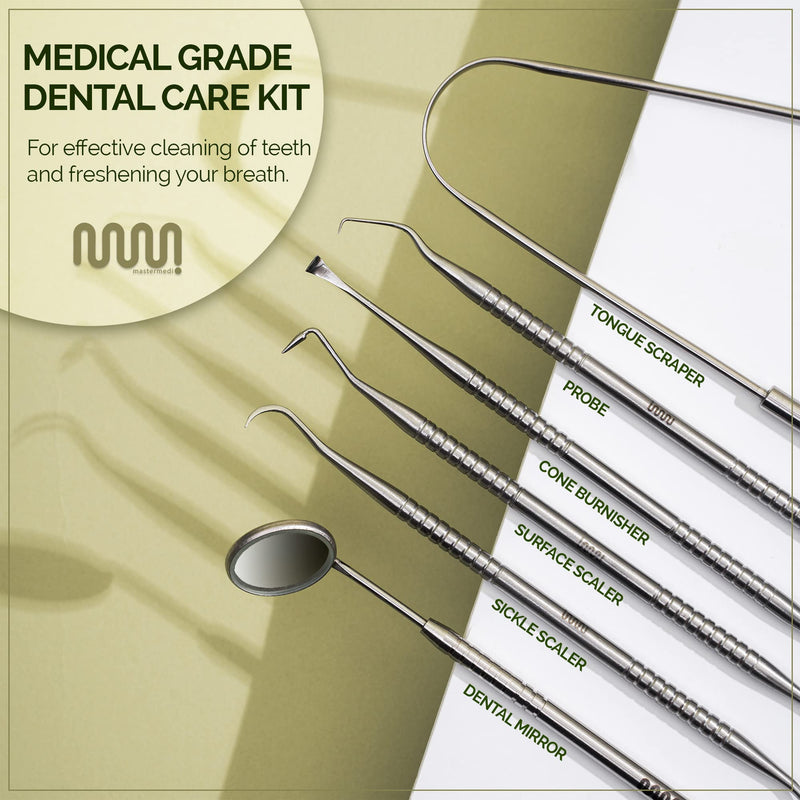 6 Pack Dental Tools Teeth Cleaning Kit, Plaque Remover for Teeth and Oral Care for Adults, Kids and Pets, Includes Tongue Scraper, Mirror, Probe, Scalers, 100% Stainless Steel Dental Kit with Case Tongue Scraper with Tools (set of 6)