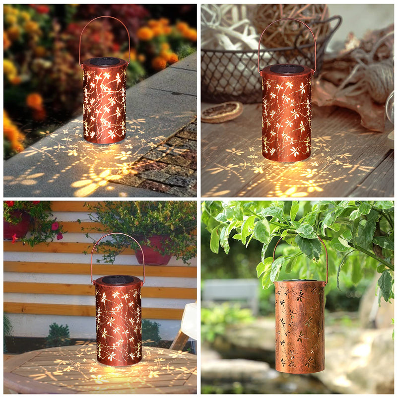 Solar Lantern Outdoor Hanging Lights - Dragonfly Hollowed-Out Metal Solar Lantern - Waterproof LED Decorative Garden Lights - Perfect Garden Decoration for Patio, Yard, Pathway 1.Dragonfly Lantern