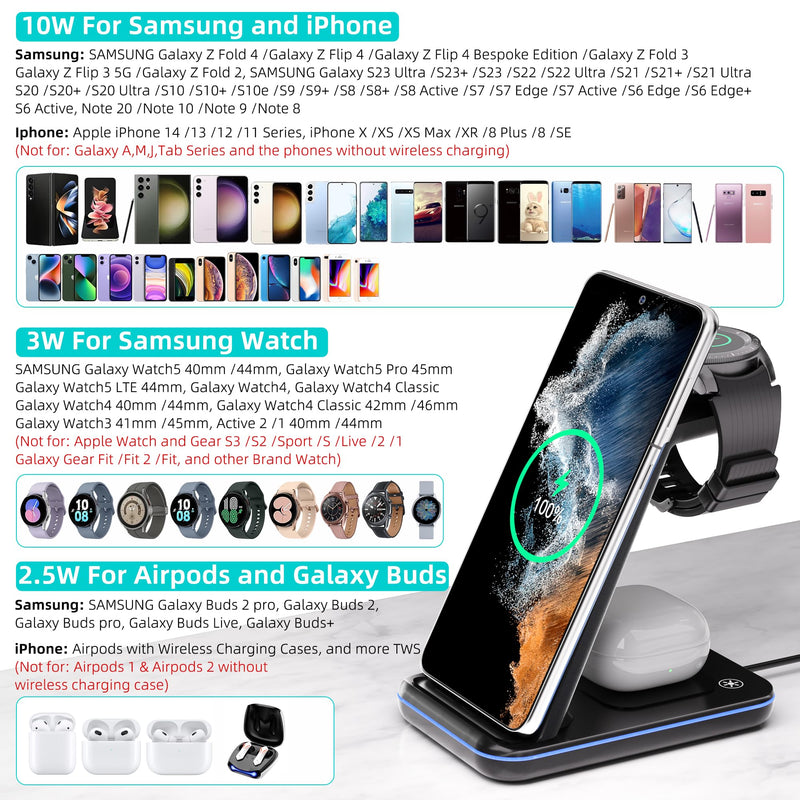 Wireless Charger for Samsung, 3 in 1 Wireless Charging Station for Samsung Galaxy S23+/S22/S21/Z Flip 4/3 Fold 4/3, Fast Charging Station/Stand for Samsung Watch 5/Pro/4/3/Active 2/1 Galaxy Buds2 Pro