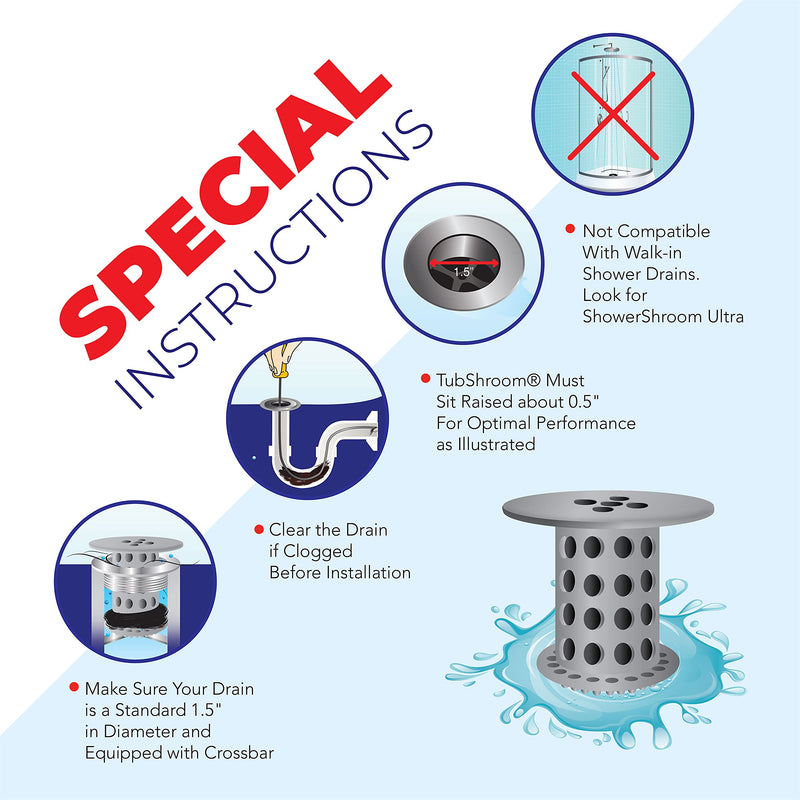 TubShroom Tub Hair Catcher Drain Protector, Fits 1.5"-1.75", Gray