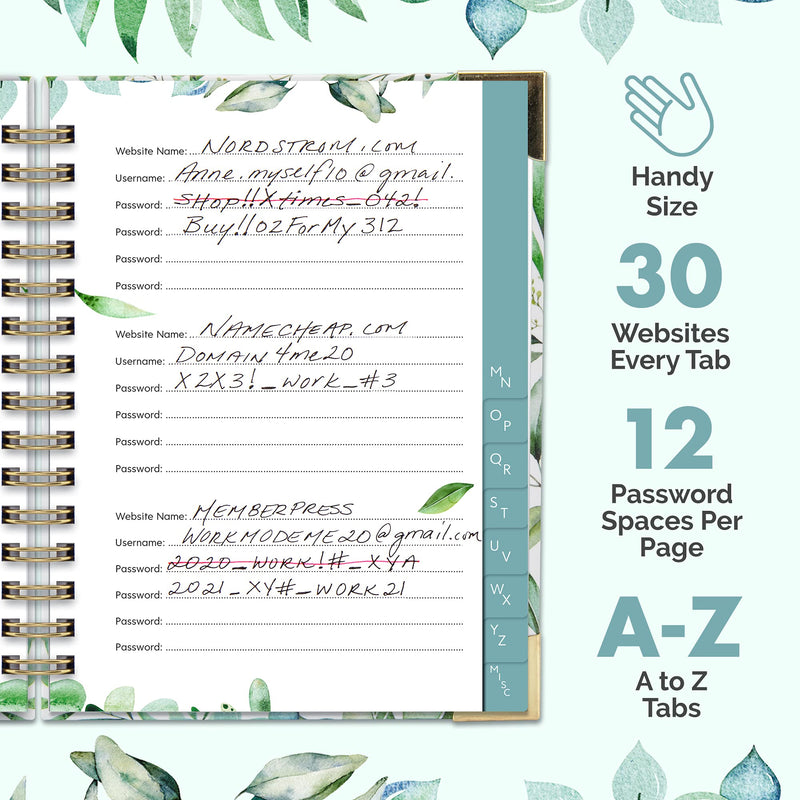 Simplified Greenery Password Book with Alphabetical Tabs - Pocket Sized Internet Password Keeper and Organizer w/Quick Search Design – Log and Sign in Book Journal Incl. Address and Notebook Section