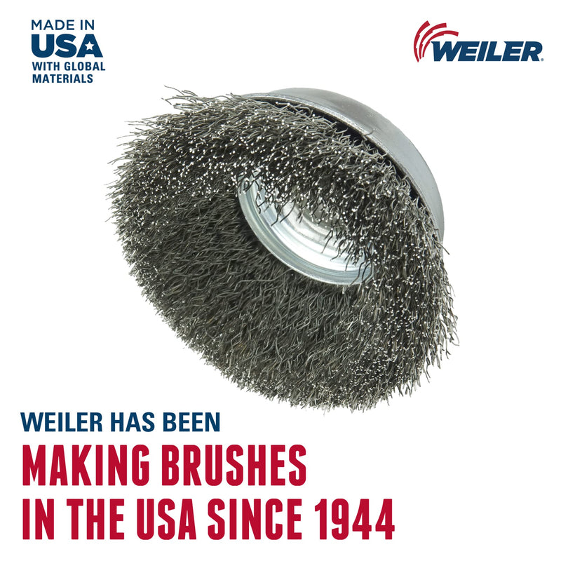 Weiler 13188 3-1/2" Crimped Wire Cup Brush, .014" Stainless Steel Fill, 5/8"-11 UNC NUT, Made in the USA 3-1/2" Dia .014" Wire Size x 7/8" Trim Length