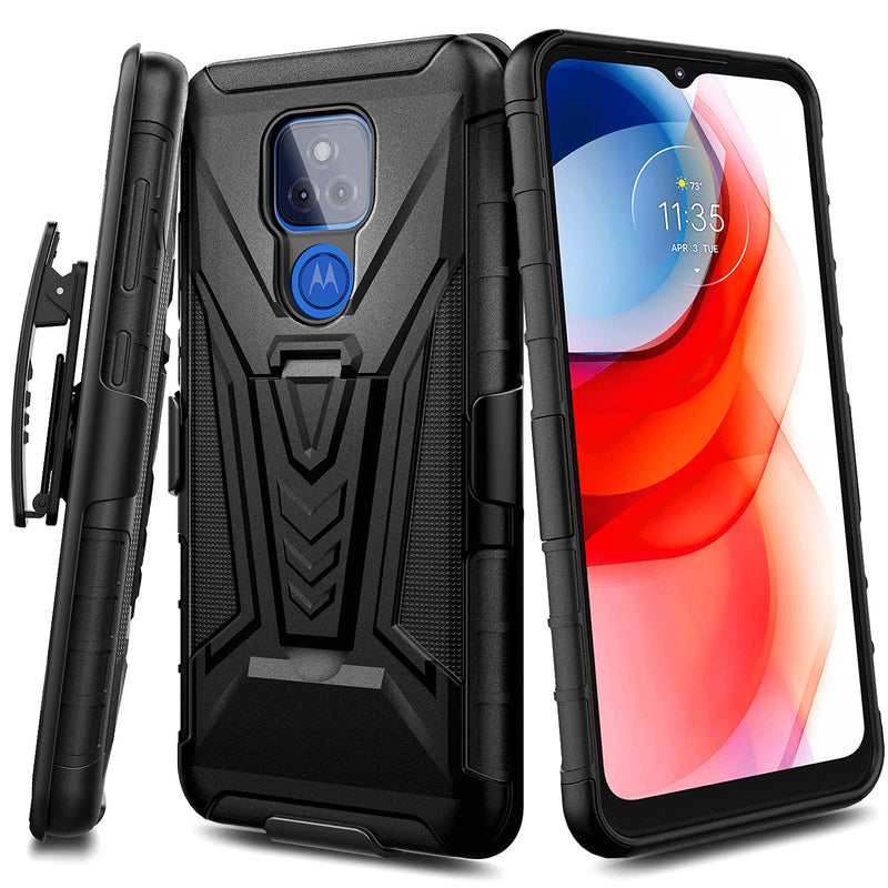 NZND Case for Motorola Moto G Play (2021) with Tempered Glass Screen Protector (Maximum Coverage), Belt Clip Holster with Built-in Kickstand, Heavy Duty Protective Case (Black) Black