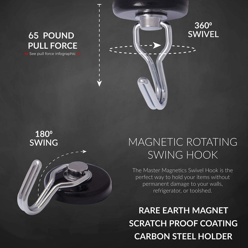 Master Magnetics 7580 Magnetic Hook Organizer Rotating Swing Hook 65 Pound Pull Force 1.47Diameter 0.54Thick Black