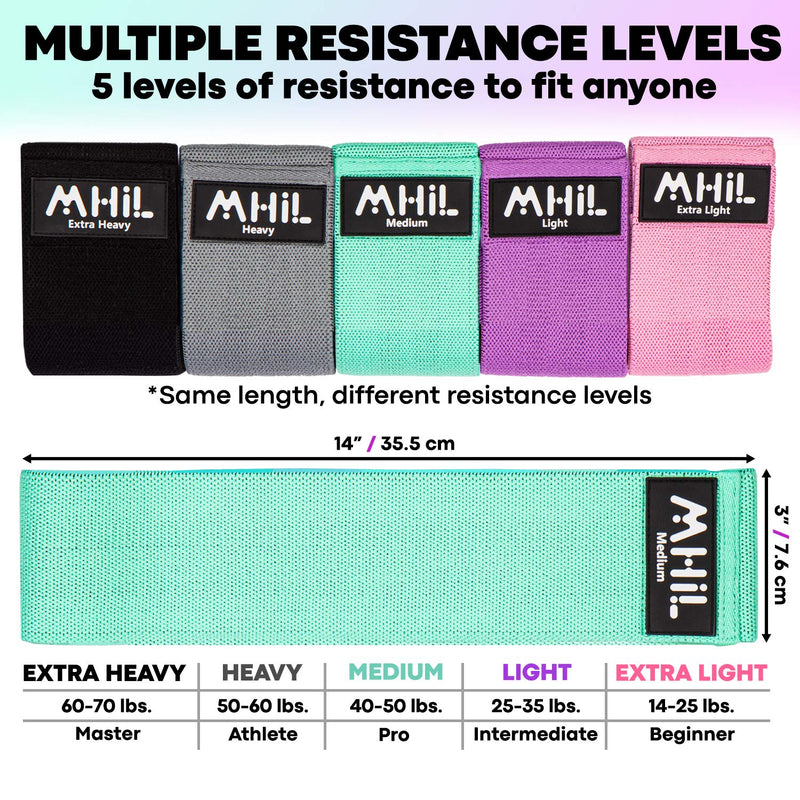 MhIL 5 Resistance Bands Set - Best Exercise Bands, Booty Bands for Women and Men, Workout Bands for Working Out Legs, Butt, Glute- Stretch Fitness Bands for Gym, Weights & Squats, Thick Elastic Fabric Pink, Purple, Green, Grey, Black