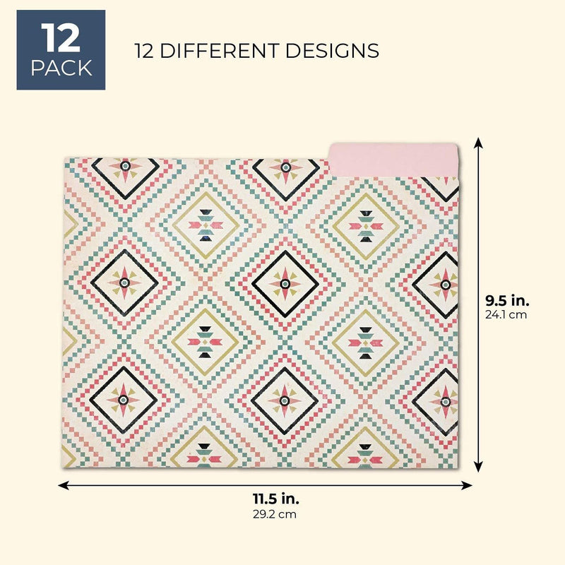 Decorative Bohemian File Folders with 1/3 Cut Tabs (9.5 x 11.5 In, 12 Pack)