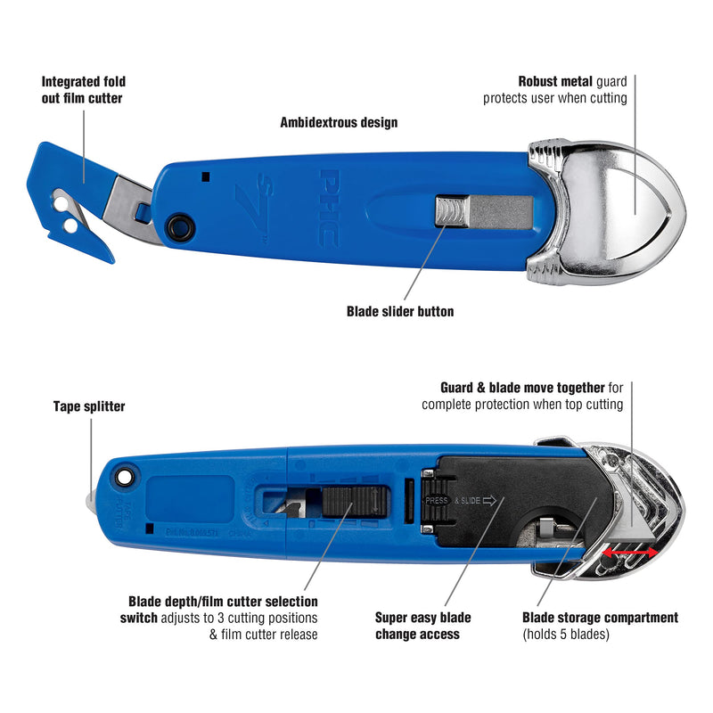 Pacific Handy Cutter S7 Safety Cutter, 3-in-1 Self-Retractable Utility Knife with Fold-Out Film Cutter, Bladeless Tape Splitter, Guard for Safety & Damage Prevention , Blue S7 Premium Safety Cutter - 3-in-1