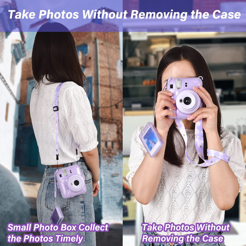 HIYQIN Upgrated Clear Glitter Case for Instax Mini 12, Fuji Mini 12 Clear Case, Fashion Glitter Protective Case with Adjustable Shoulder Strap, Portable Photo Box and DIY Sticker (Clear+Purple) Glitter-Clear Case+3 Accessories Purple