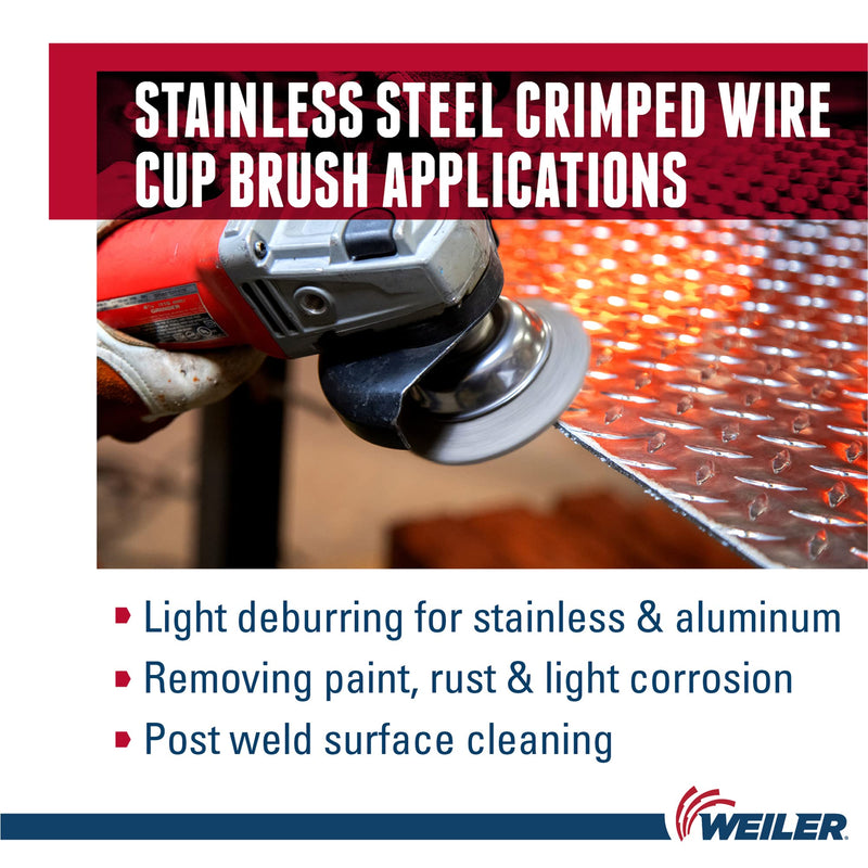 Weiler 13188 3-1/2" Crimped Wire Cup Brush, .014" Stainless Steel Fill, 5/8"-11 UNC NUT, Made in the USA 3-1/2" Dia .014" Wire Size x 7/8" Trim Length