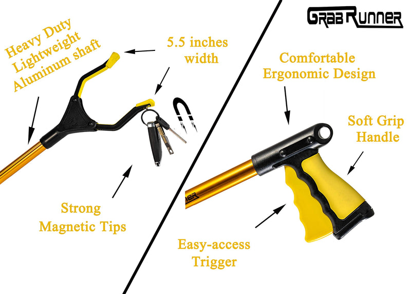 GrabRunner Reacher Grabber Tool, 32" Foldable Pickup Tool, with Strong Magnetic Lightweight Aluminum Reaching Aid with Rotating Rubber Gripper, Long Arm Extender for Elderly, Garden Nabber (Gold)