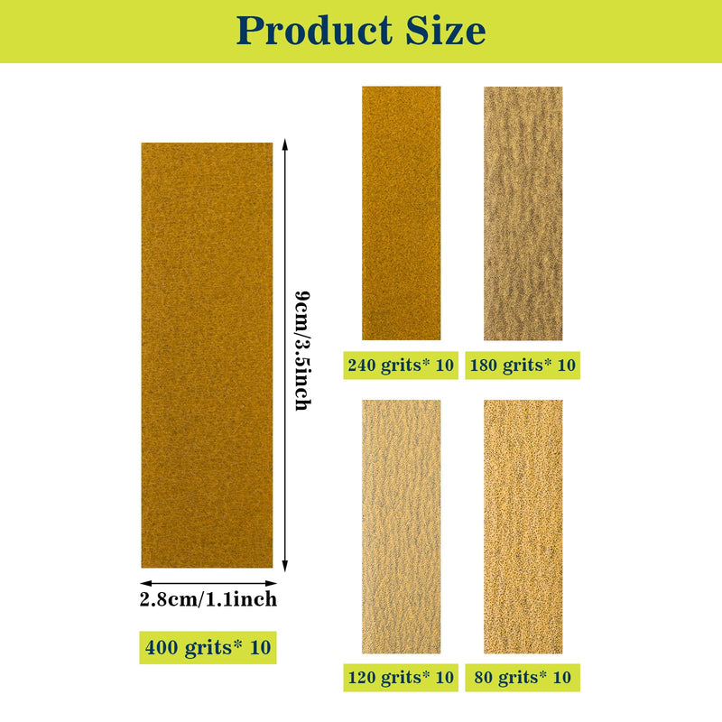 Abeillo 50 pieces sandpaper with sanding block set, sanding sheets wet dry grit 80/120/180/240/400 sandpepier sheet for wood crafts, 9 x 3 mm hand sanding block for sanding and polishing
