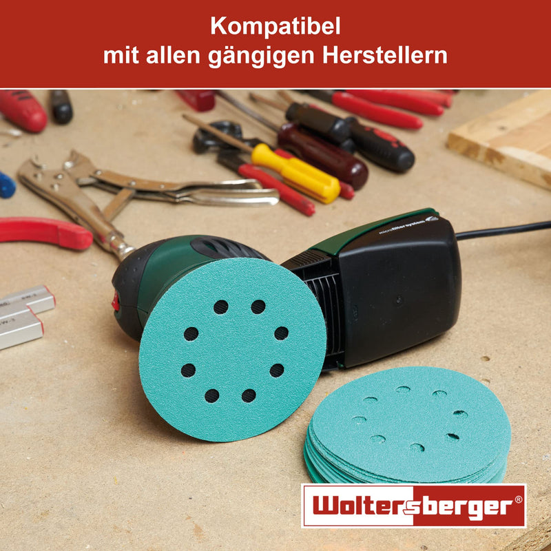 Woltersberger® 50 pieces eccentric sanding discs Ø 150mm | Grain P80 | 15 holes in green | Sandpaper for optimal sanding, versatile use 1