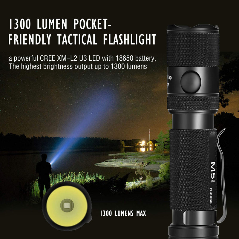 PowerTac M5 Tactical Flashlight, 1300 Lumens LED Flashlight, CREE XM-L2 U3 Flashlights High Lumens, Rechargeable Flashlight with USB Magnetic Charging Cable & 18650 Battery (Holster included)