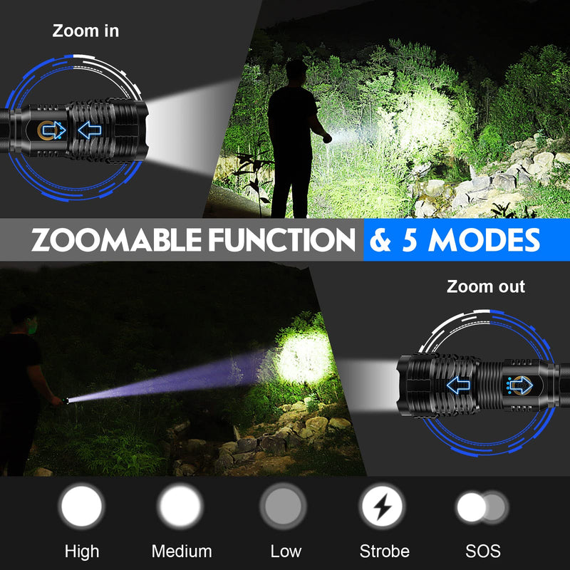 Flashlights LED High Lumens Rechargeable, Goreit 20000 Lumens XHP70.2 Super Bright Flashlight, High Powered Flash Light, Powerful Handheld Tactical Flashlights for Emergency Camping Hiking Gift Black
