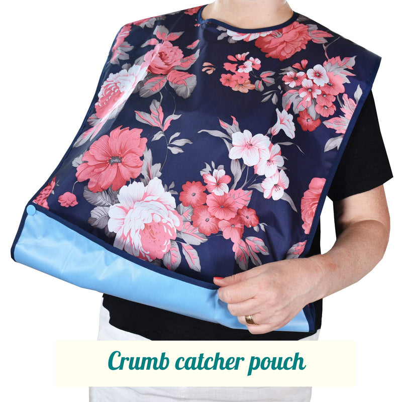 3 Pack Adult Bibs for Eating with Crumb Catcher by Celley - Washable and Reusable Clothing Protectors for Elderly Women