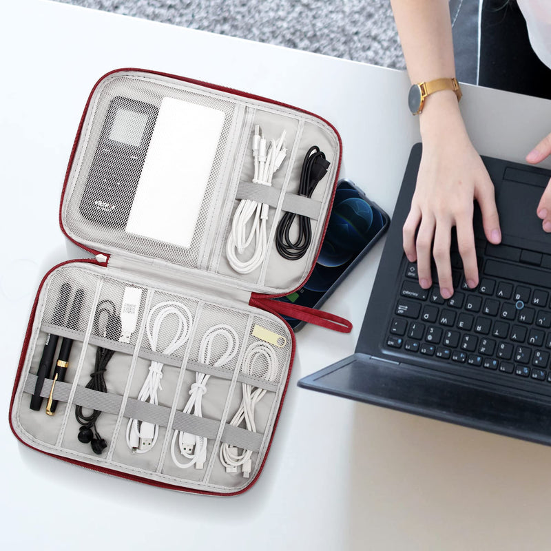 SELLYFELLY Electronics Organizer Travel Cord Organizer Case Compact Electronics Accessories Bag for Cable, Cord, Charger, Phone, Hard Drive Wine Red